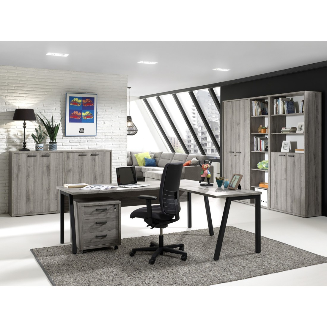 foto del prodotto set di 8 mobili da ufficio professionale color grigio effetto legno collezione soon