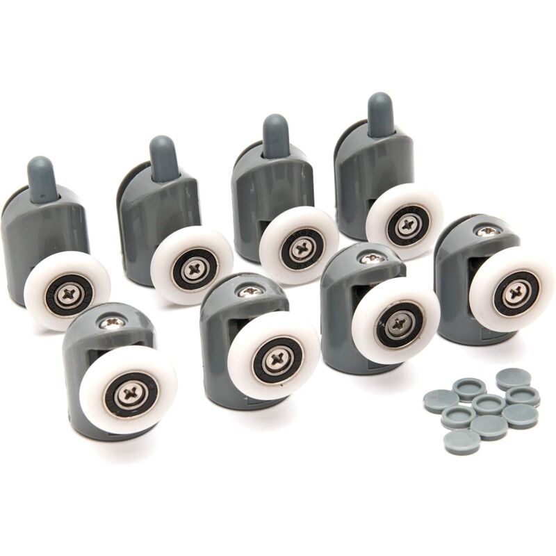 foto del prodotto set di 8 rulli box doccia universali, 23mm ruote cuscinetti, grigio rotelleper vetro 4 5 mm