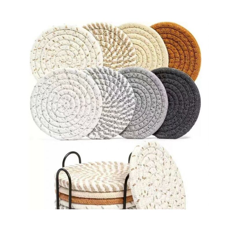foto del prodotto set di 8 tovagliette rotonde intrecciate da 11 cm x 11 cm, in colori misti, lavabili, in cotone, antiscivolo, resistenti al calore, con cornice per
