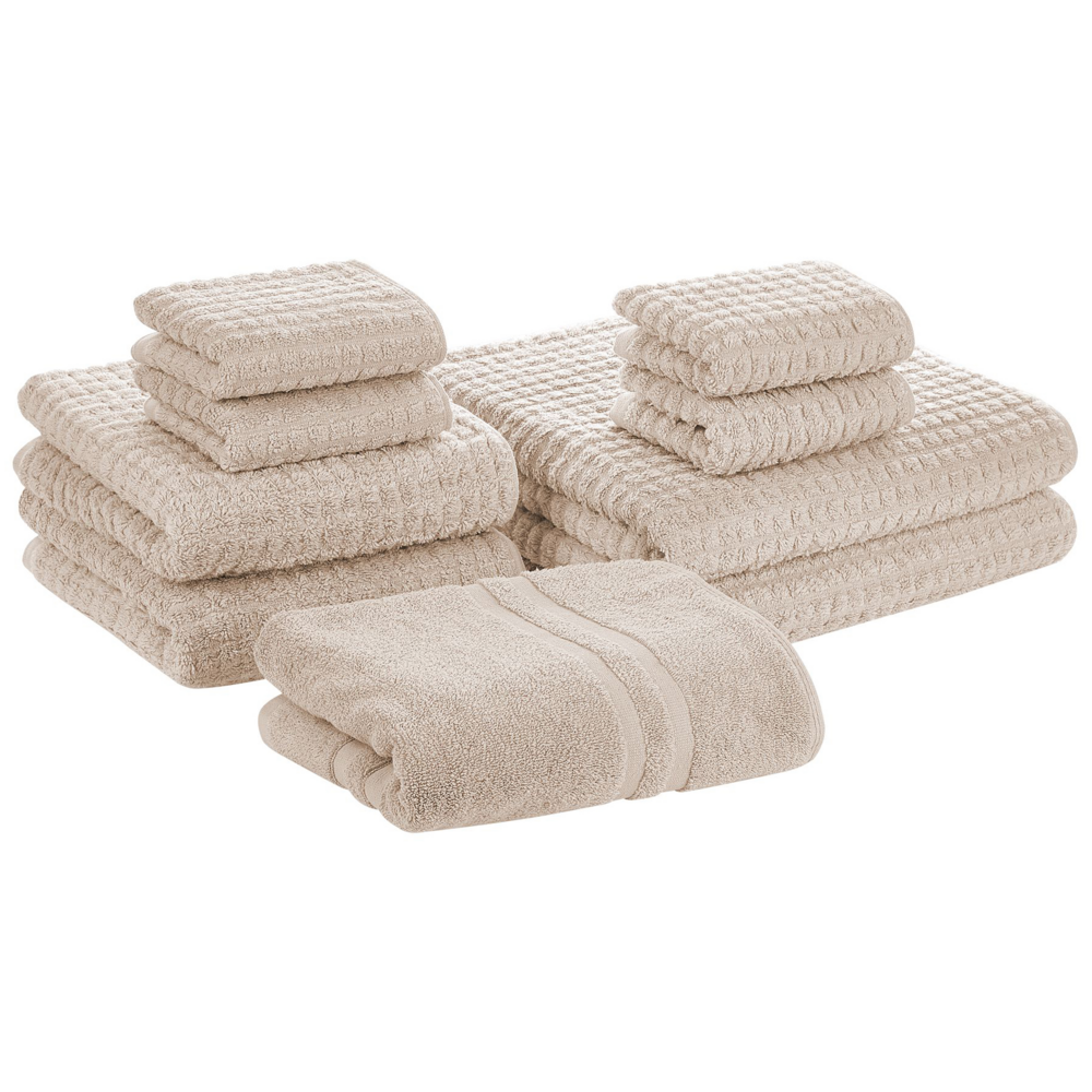 foto del prodotto set di 9 asciugamani da bagno e tappetino da bagno per ospiti in cotone beige