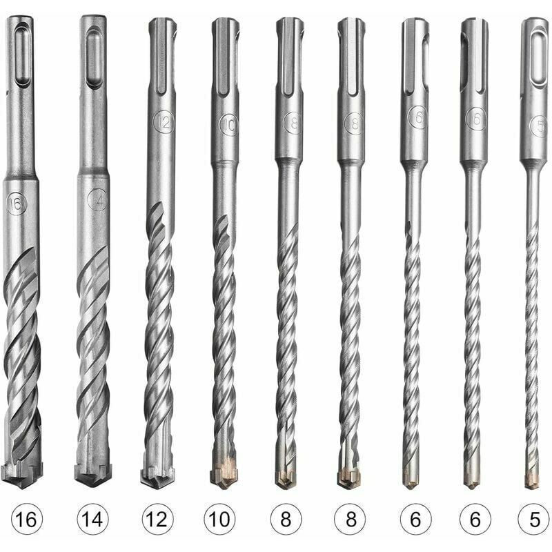 foto del prodotto set di 9 punte da trapano sds plus per trapano a percussione elettrico per forare pietra, cemento, muri di mattoni, piastrelle di ceramica 5, 6, 6,
