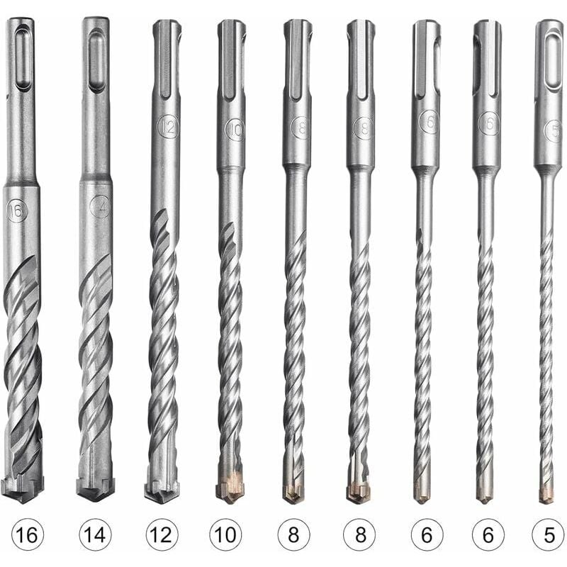foto del prodotto set di 9 punte da trapano sds plus per trapano a percussione elettrico per forare pietra, cemento, muro di mattoni, piastrelle di ceramica 5, 6, 6,