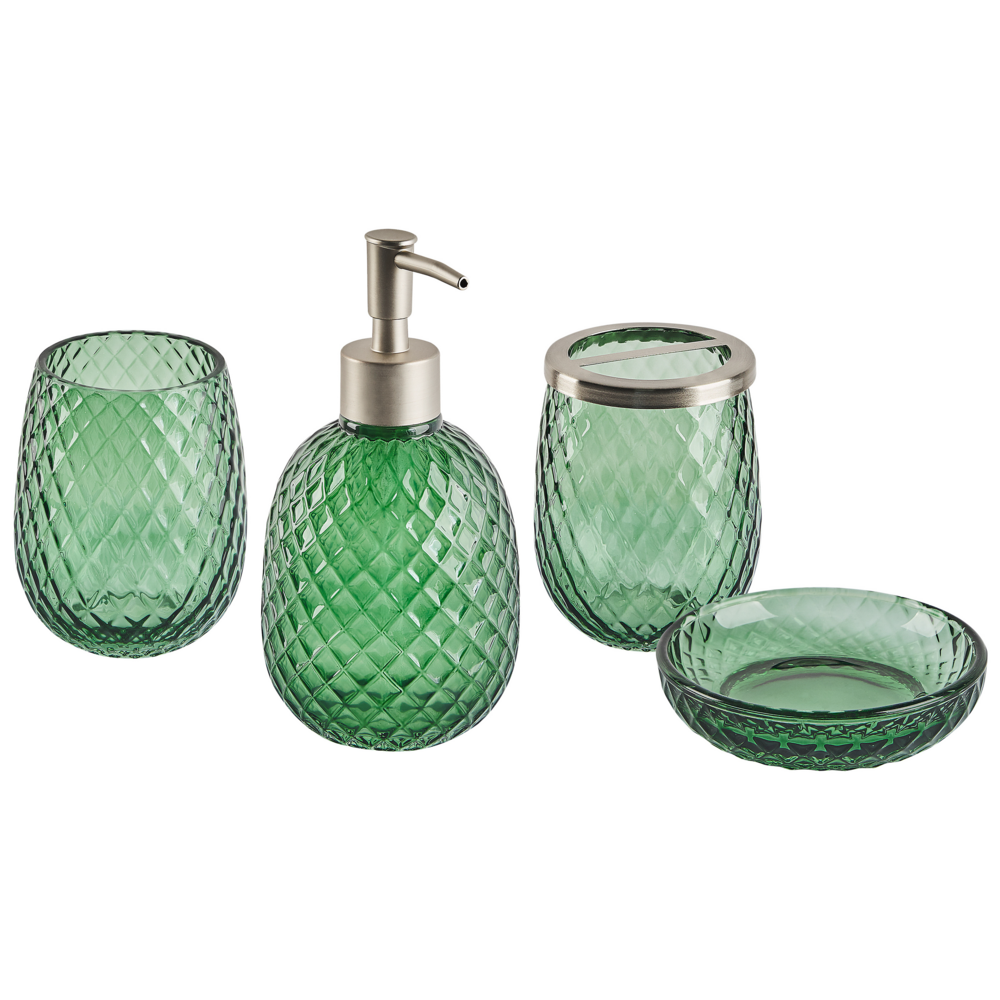 foto del prodotto set di accessori da bagno in 4 pezzi dispenser di sapone in vetro verde glam portasapone portaspazzolino tazza