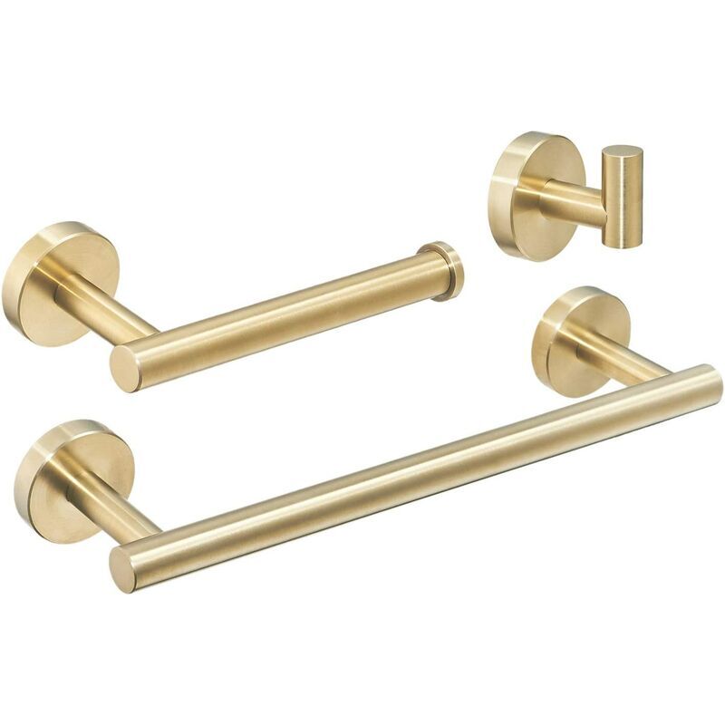 foto del prodotto set di accessori da bagno in acciaio inossidabile da 3 pezzi, 12 ganci per porta porta carta igienica per portasciugamani, montaggio a parete, oro