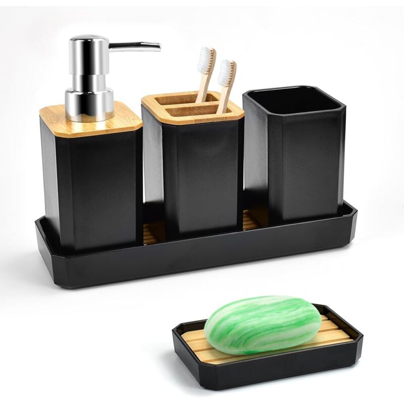 foto del prodotto set di accessori da bagno in bamb da 5 pezzi, con flacone per lozione, portaspazzolino, bicchiere portaspazzolino, portasapone, vassoio nero 