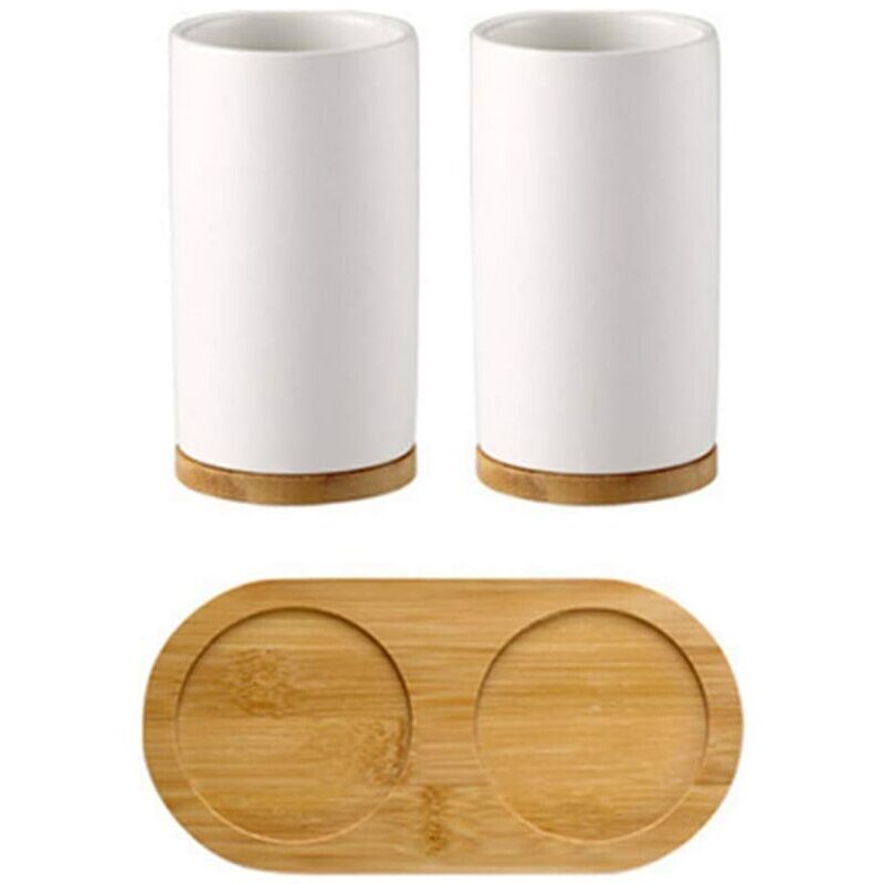 foto del prodotto set di accessori da bagno in ceramica, bicchiere, portaspazzolino, dispenser di sapone e dentifricio in bamb 