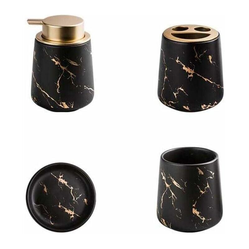 foto del prodotto set di accessori da bagno in ceramica marmorizzata da 4 pezzi dispenser di sapone, porta spazzolino, bicchiere, porta sapone nero opaco