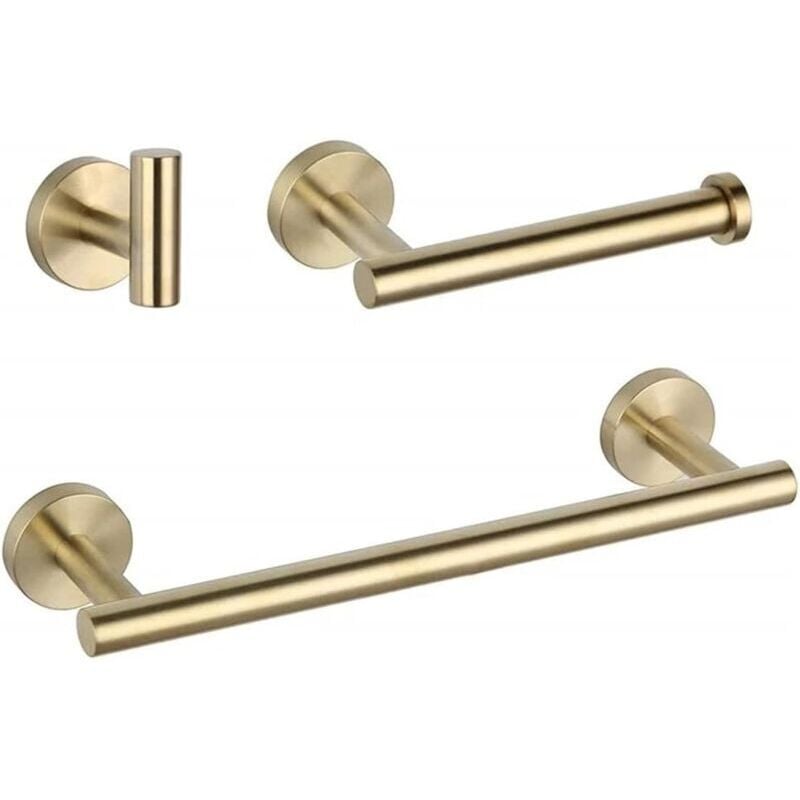 foto del prodotto set di accessori da bagno in oro spazzolato, portasciugamani, porta carta igienica, gancio per cappotto e accappatoio, set da bagno in acciaio