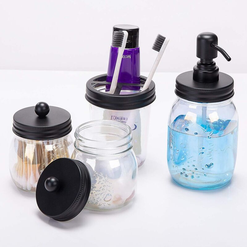 foto del prodotto set di accessori da bagno mason jar da 4 pezzi, dispenser di sapone e barattoli da farmacia