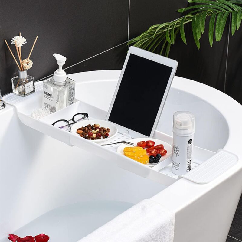 foto del prodotto set di accessori da bagno, vassoio da vasca espandibile, portaoggetti antiscivolo, organizer multifunzionale per vasca da bagno per bevande e