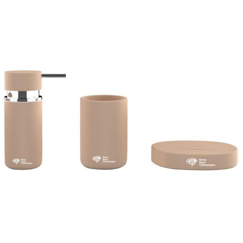 foto del prodotto set di accessori infinitio dosatore di sapone portasapone bicchiere, ceramica, marrone opaco swiss aqua technologies