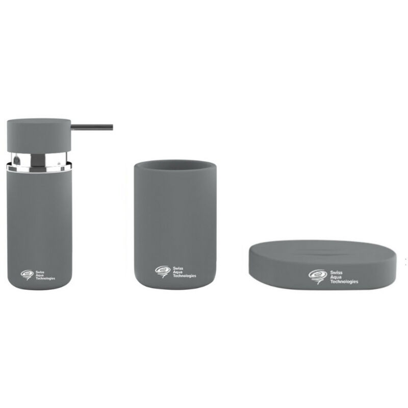 foto del prodotto set di accessori infinitio dosatore di sapone portasapone tazza in ceramica grigio opaco packsat gri swiss aqua technologies