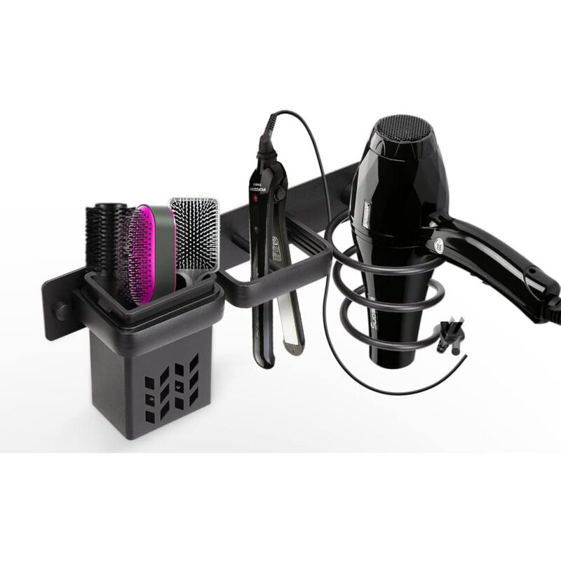 foto del prodotto set di accessori per asciugacapelli e piastra per bagno, con supporto da parete in alluminio professionale, con fori, per argento e nero ymyny