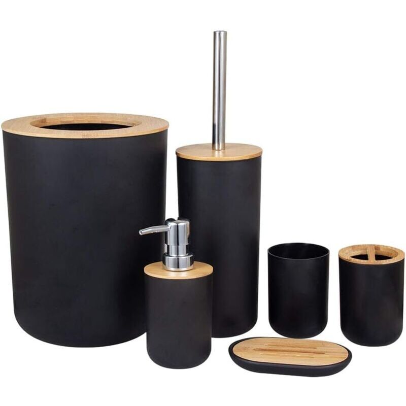 foto del prodotto set di accessori per il bagno, porta spazzolino, bamb , legno, piano di appoggio, indipendente, distributore di sapone, bicchiere, cucina, scopino