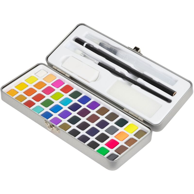 foto del prodotto set di acquerelli 48 colori in scatola portatile inclusi pennello matita 2b matita acquerellabile gomma spugna scatola di colori set di pittura per