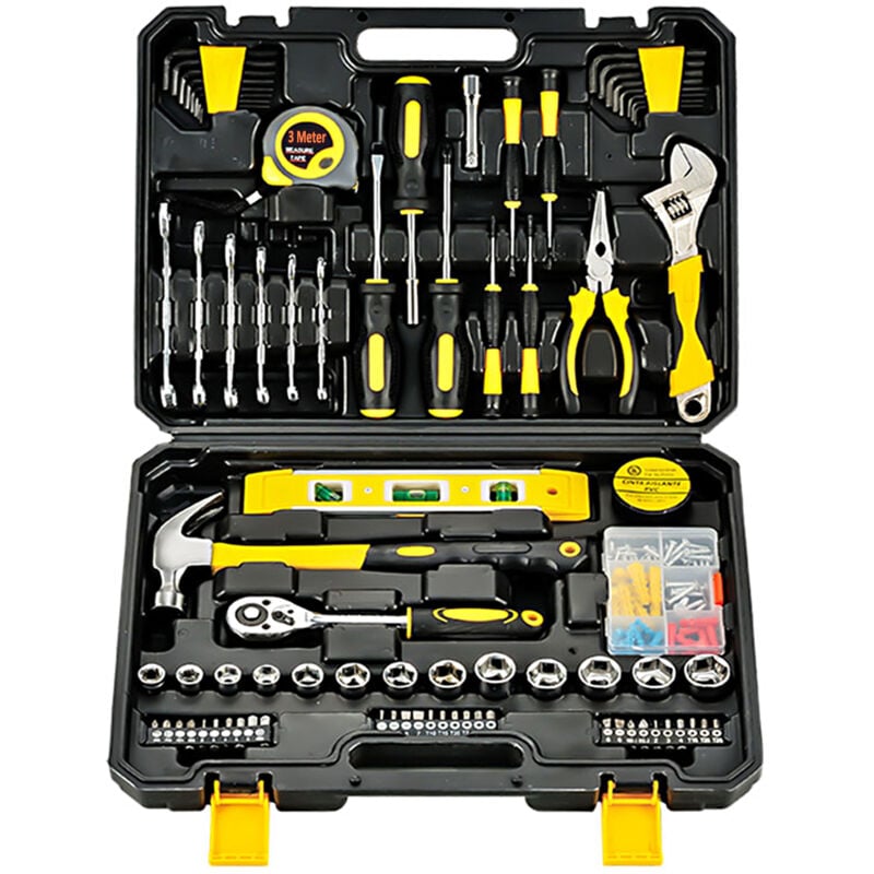 foto del prodotto set di attrezzi da 108 pezzi, kit di attrezzi manuali con cassetta degli attrezzi in plastica, custodia utilizzata per riparazioni auto e riparazioni