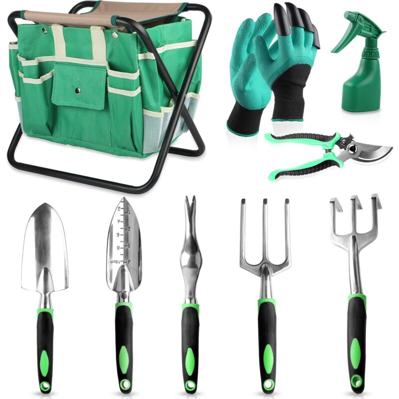 foto del prodotto set di attrezzi da giardino tutto in uno da 9 pezzi, kit di attrezzi da giardinaggio in lega di alluminio pressofuso resistente con sedile sgabello