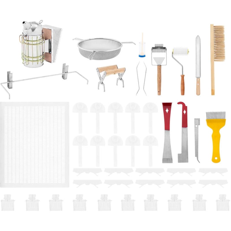 foto del prodotto set di attrezzi per apicoltura affumicatore, scalpelli, pinze, setaccio, trappole - 37 pezzi.