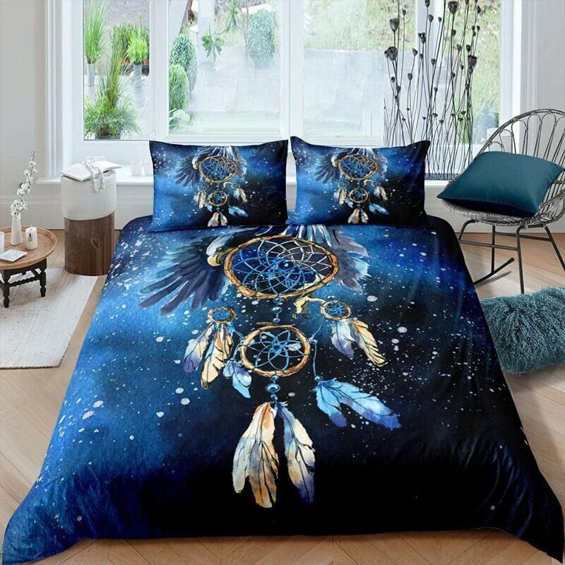 foto del prodotto set di biancheria da letto per adulti 220x240 dream catcher blu in morbida microfibra traspirante, 3 pezzi, 1 copripiumino 220x240 cm con cerniera 