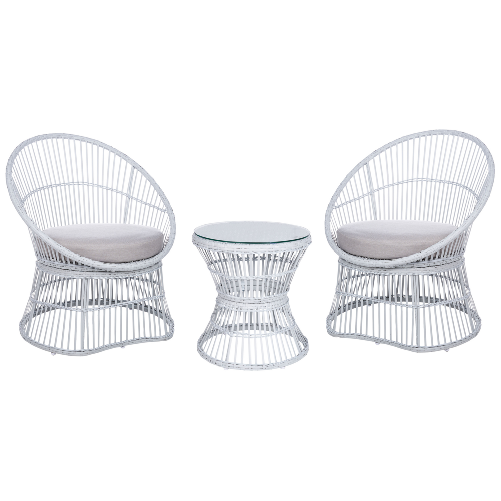 foto del prodotto set di bistrot tavolo e 2 sedie in rattan e vetro temperato bianco sporco balcone terrazzo giardino esterno