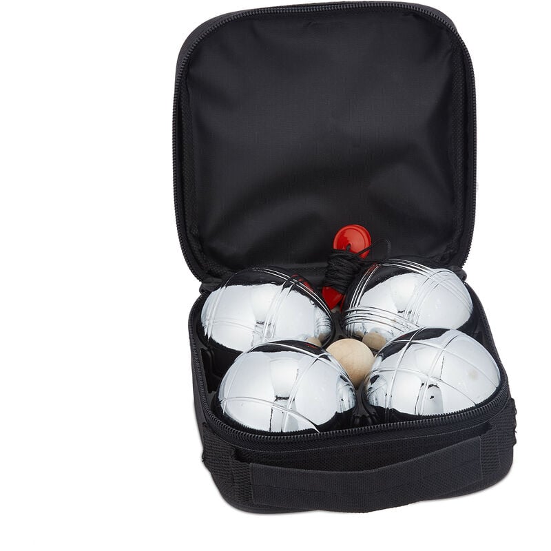 foto del prodotto set di bocce da gioco, 4 sfere in metallo, boccino e misuratore di distanza, custodia robusta, argentato nero relaxdays