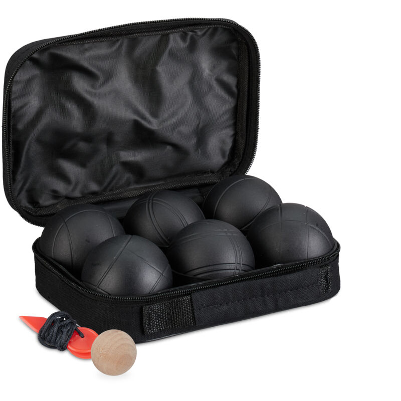 foto del prodotto set di bocce da gioco, 6 sfere in acciaio con boccino bersaglio in legno, misuratore distanza, custodia, nero relaxdays