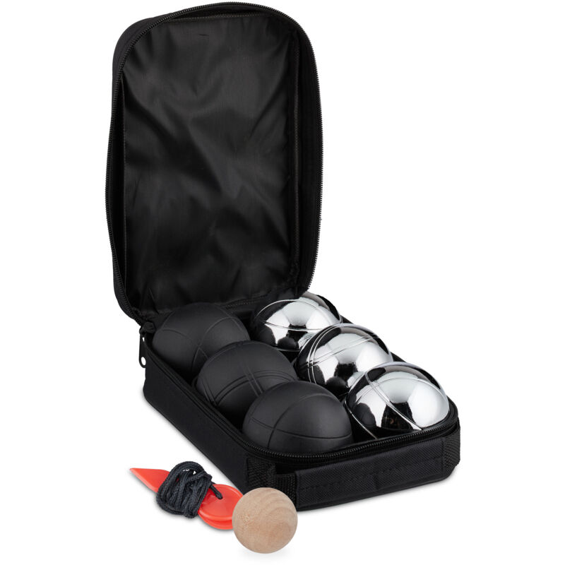 foto del prodotto set di bocce da gioco, 6 sfere in acciaio con boccino in legno, misuratore di distanza, custodia, argento nero relaxdays