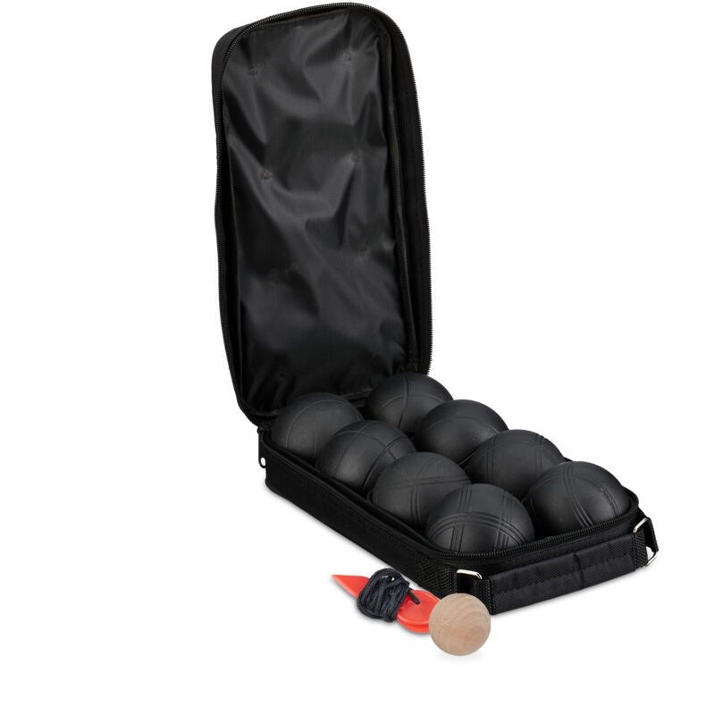 foto del prodotto set di bocce da gioco, 8 sfere in acciaio con boccino bersaglio in legno, misuratore distanza, custodia, nero relaxdays