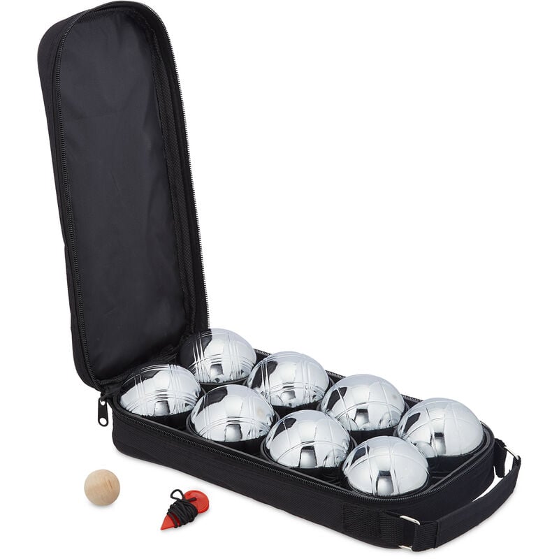 foto del prodotto set di bocce da gioco, 8 sfere in metallo, boccino e misuratore di distanza, con custodia, argentato nero relaxdays