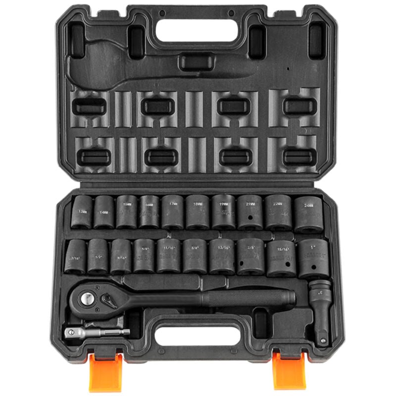 foto del prodotto set di bussole a impatto da 1 2 ,23 pezzi sae 7 16 1 e metriche 13 24 mm ,acciaio legato cr v a 6 punte per riparazioni auto,include