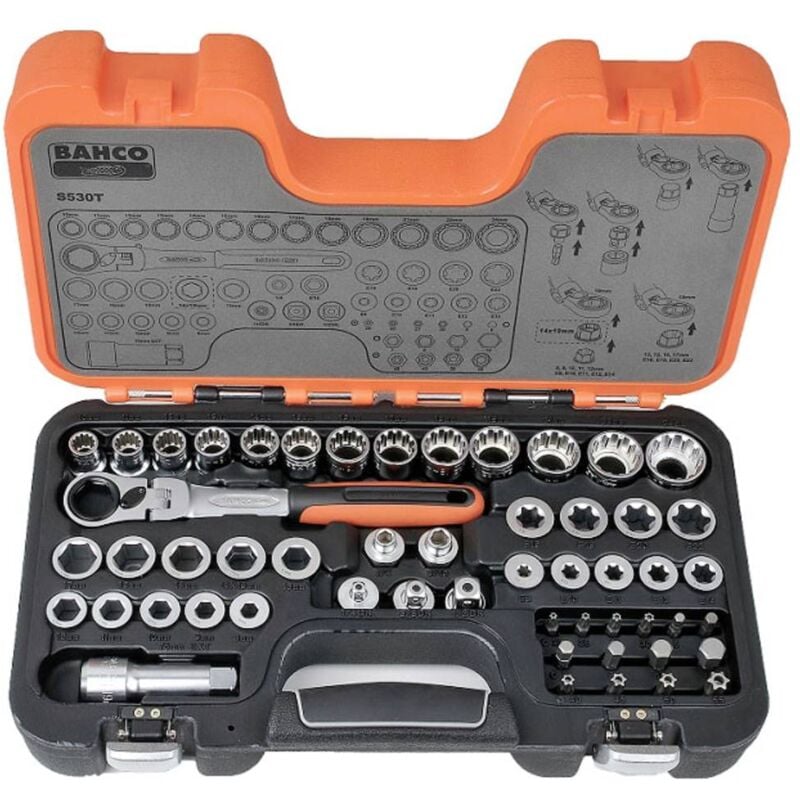 foto del prodotto set di bussole passanti con cricchetto a testa snodata adattatori bahco s530t 53 pezzi