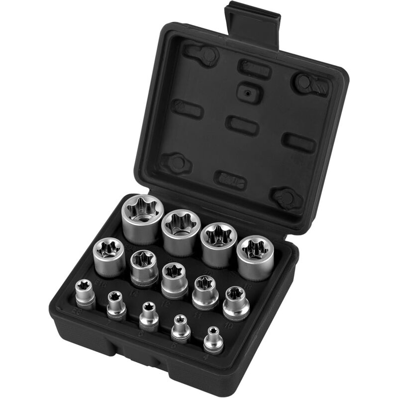 foto del prodotto set di bussole torx femmina da 1 4 , 3 8 e 1 2 , bussole torx profilo e e4, e5, e6, e7, e8, e10, e11, e12, e14, e16, e18, e20, e22, e24 con scatola