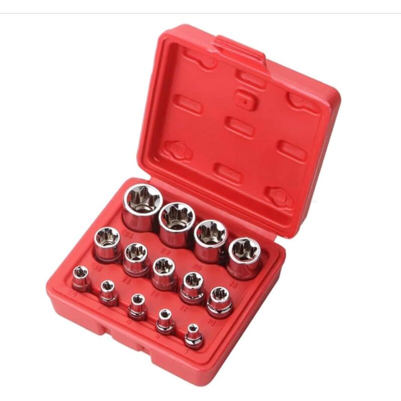 foto del prodotto set di bussole torx femmina da 14 pezzi con custodia, 1 4 , 3 8 , 1 2 . set di bussole torx e4 e24 sollbry