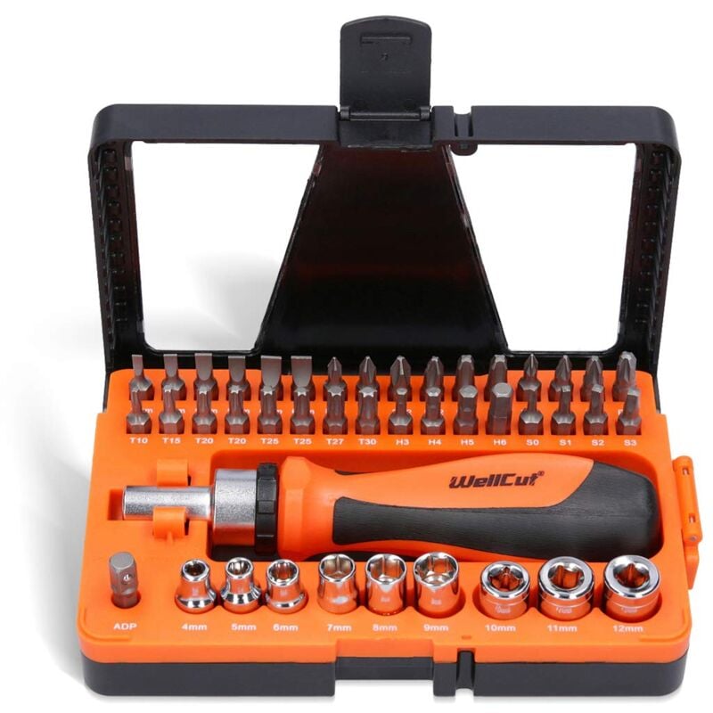 foto del prodotto set di cacciaviti magnetici a cricchetto, 44 pezzi, con manico girevole e accessori, manico antiscivolo per lavoro a casa fai da te, riparazione