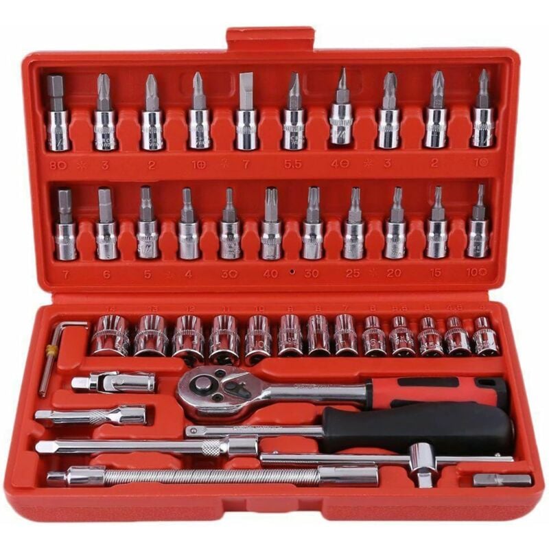 foto del prodotto set di chiavi a bussola, 46 pezzi, chiave a cricchetto da 1 4 con custodia per utensili, chiave a bussola cr v da 4 14 mm, punte per cacciavite e
