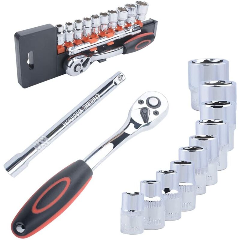 foto del prodotto set di chiavi a bussola da 12 pezzi con cricchetti da 3 8 , inserti esagonali da 8 mm a 19 mm e prolunga reversibile per cricchetto cr v da 200 mm