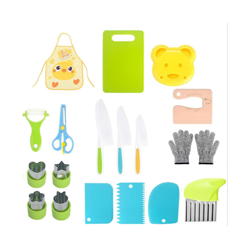 foto del prodotto set di coltelli da cucina per bambini da 19 pezzi, set di coltelli di sicurezza per tagliare frutta o verdura, coltelli seghettati, taglieri e altri