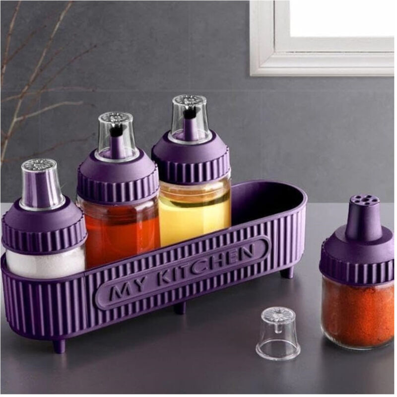 foto del prodotto set di contenitori spezie oli con stand viola 5pz cucina per conservare cucinare condire trade shop traesio