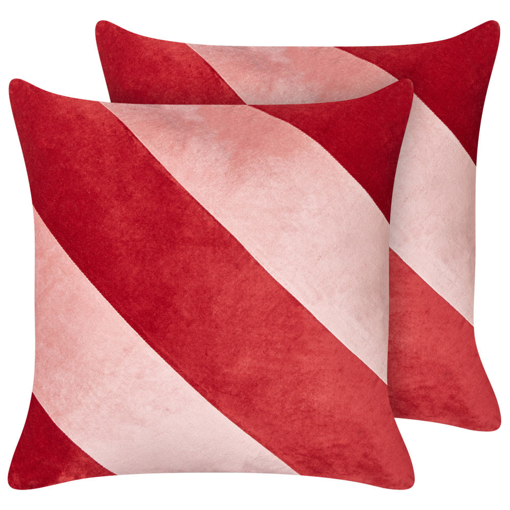 foto del prodotto set di cuscini decorativi in velluto rosso e rosa in cotone 45 x 45 cm a righe sfoderabili quadrato accessori decorativi moderni