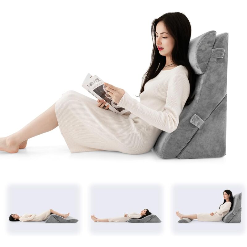 foto del prodotto set di cuscini e cuneo, cuscini ergonomici a cuneo design, cuscino multifunzionale e regolabile in schiuma con fodera rimovibile, cuscino anti stress