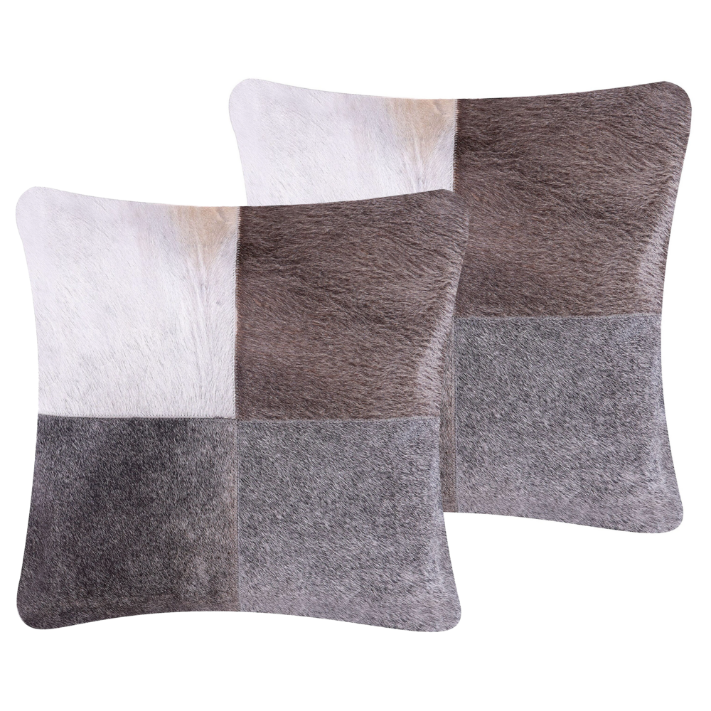 foto del prodotto set di cuscini patchwork in vera pelle di mucca 45 x 45 cm grigio per interni