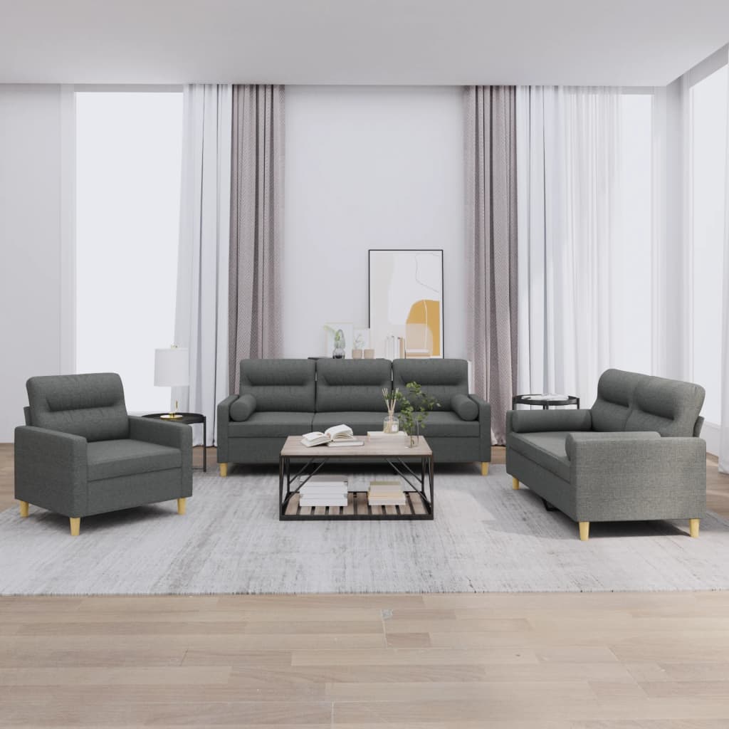 foto del prodotto set di divani 3 pz con cuscini grigio scuro in tessutocod mxl 107186