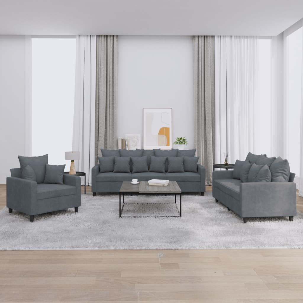 foto del prodotto set di divani 3 pz con cuscini grigio scuro in vellutocod mxl 104329