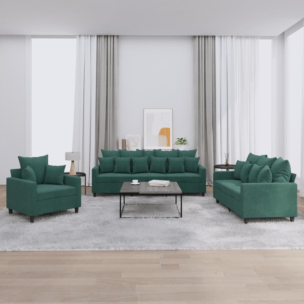 foto del prodotto set di divani 3 pz con cuscini verde scuro in vellutocod mxl 80379