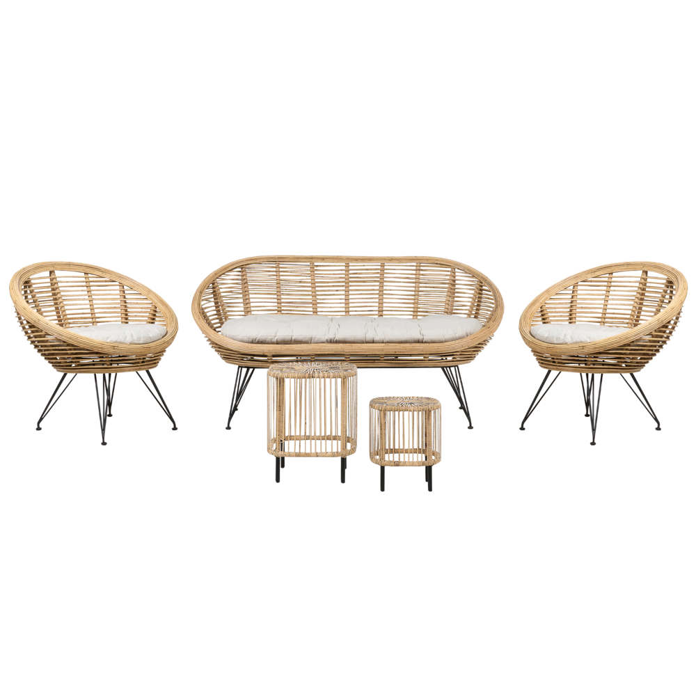 foto del prodotto set di divani a 4 posti in rattan naturale beige chiaro con cuscini in cotone con 2 tavolini per interni e per esterni stile boh mien giardino balcone.