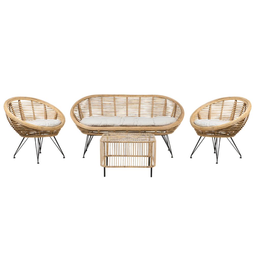 foto del prodotto set di divani a 4 posti in rattan naturale beige chiaro con cuscini in cotone con tavolino per interni e per esterni stile boh mien giardino balcone.