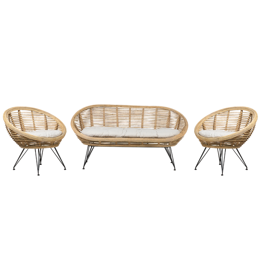 foto del prodotto set di divani a 4 posti in rattan naturale beige chiaro con cuscini in cotone per interni e per esterni in stile boh mien per il giardino e il balcone.