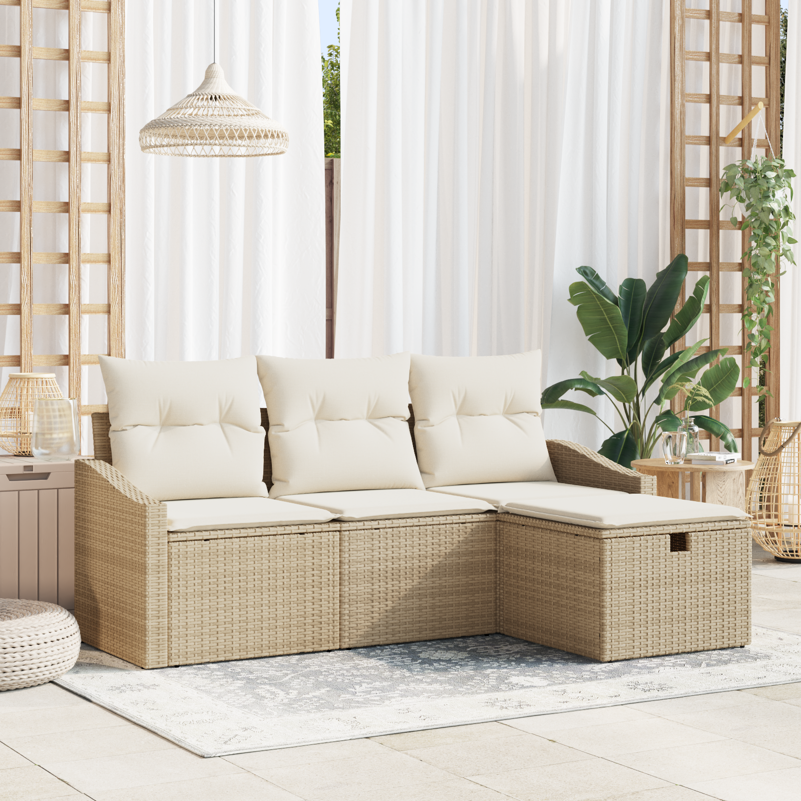 foto del prodotto set di divani da giardino 4 pezzi con cuscini beige in rattan polietilene