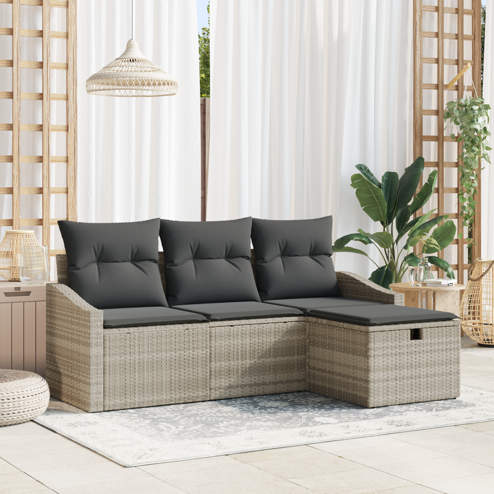 foto del prodotto set di divani da giardino 4 pezzi con cuscini grigio chiaro polyrattan