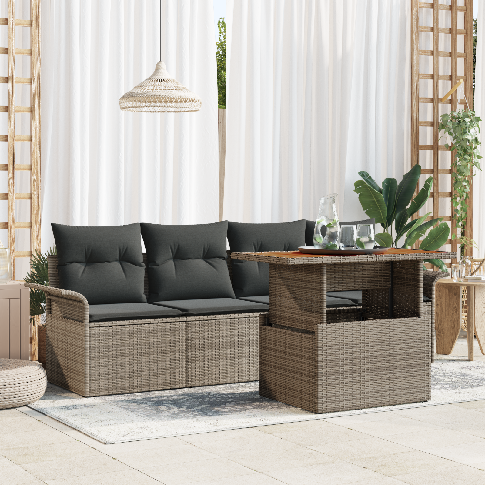 foto del prodotto set di divani da giardino 5 pezzi con cuscini grigio in polyrattan e acacia